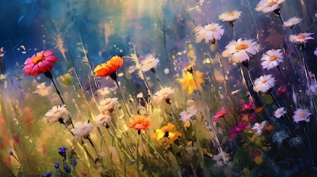 Een schilderij van een bloemenveld