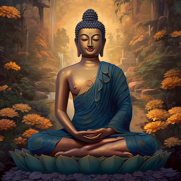 Een schilderij van een boeddha die in een bos zit met de woorden boeddha erop.
