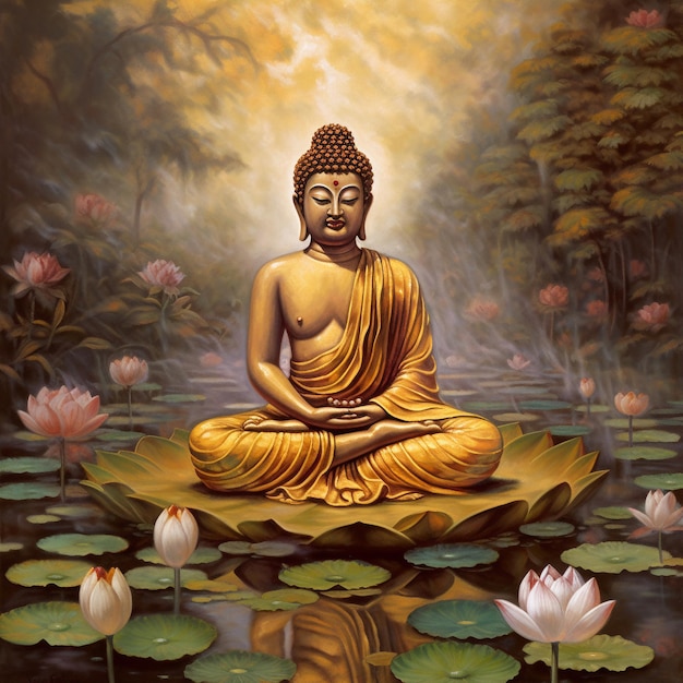Een schilderij van een boeddha zittend op een lotusbloem.