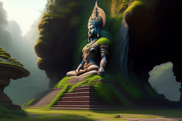 Een schilderij van een boeddhabeeld in de jungle