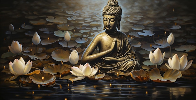 Een schilderij van een boeddhabeeld in een vijver met waterlelies.