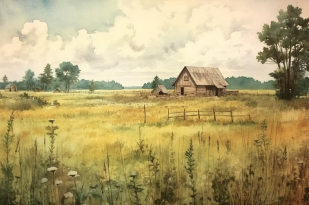 Een schilderij van een boerderij in een veld met een bewolkte lucht.