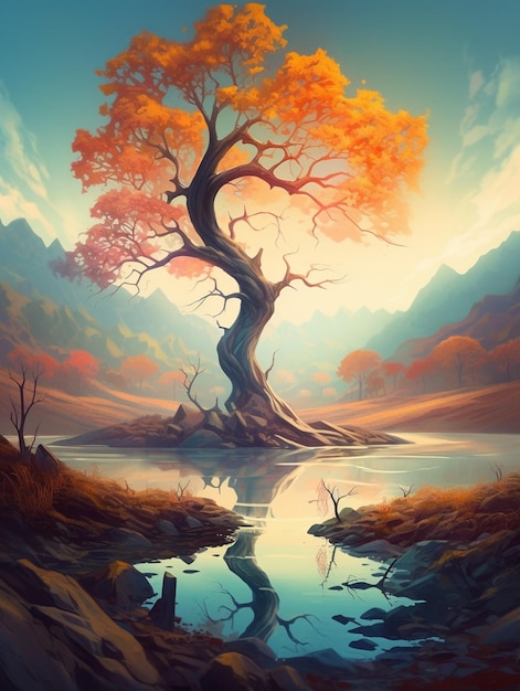 Een schilderij van een boom aan het meer