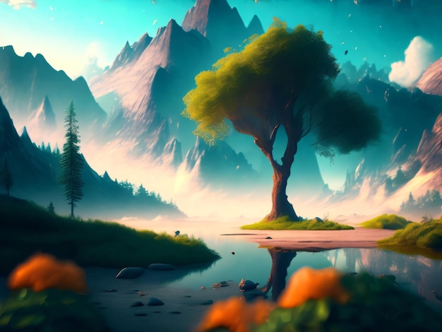 Een schilderij van een boom en bergen met een meer op de voorgrond.