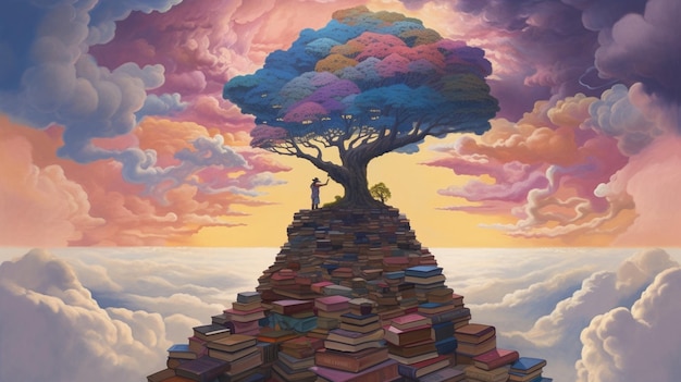 Een schilderij van een boom met boeken erop