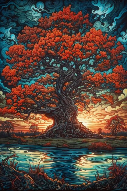 Een schilderij van een boom met de lucht op de achtergrond