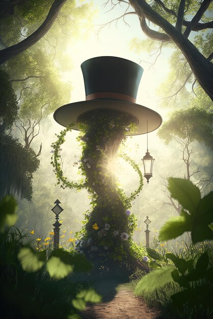 een schilderij van een boom met een hoed en een lamp op de achtergrond