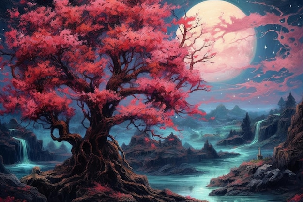 Een schilderij van een boom met een volle maan op de achtergrond