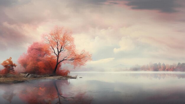 Foto een schilderij van een boom met rode bladeren op het water.