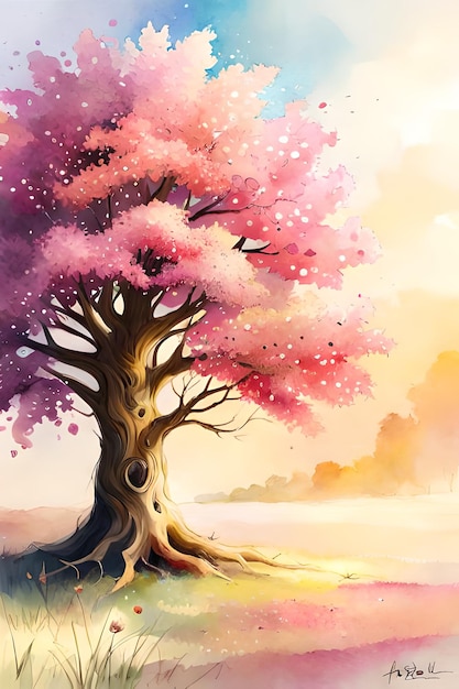 Een schilderij van een boom met roze bladeren en het woord liefde erop.