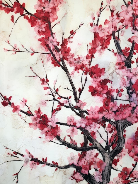 Een schilderij van een boom met roze bloemen