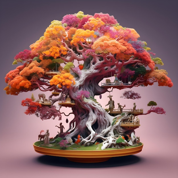 Een schilderij van een boom met veel dieren erop
