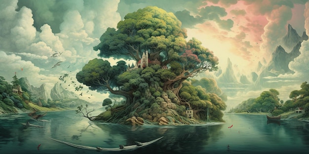 Een schilderij van een boom op een klein eiland met een bewolkte lucht op de achtergrond.