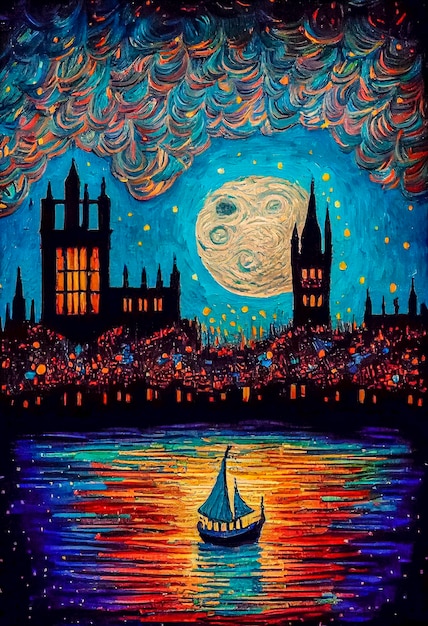 Een schilderij van een boot bij volle maan.