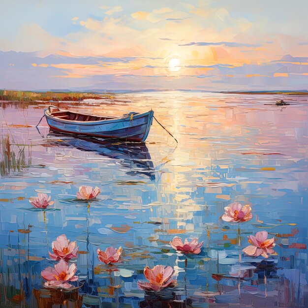 een schilderij van een boot en een boot met de zon achter zich