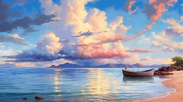 Foto een schilderij van een boot in het water met bergen op de achtergrond
