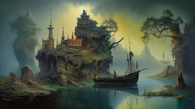 Een schilderij van een boot op een rivier met een kasteel op de achtergrond.