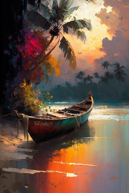 Een schilderij van een boot op het water met palmbomen op de achtergrond.