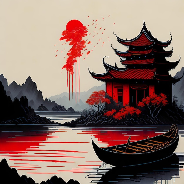 Een schilderij van een boot voor een rode zon