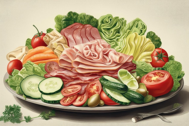 Een schilderij van een bord eten met een salade erop.