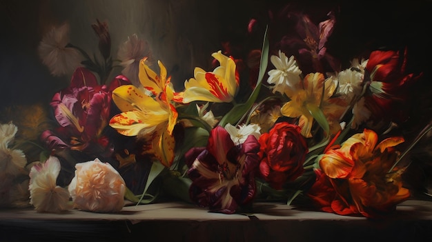 Een schilderij van een bos bloemen op een tafel generatieve AI