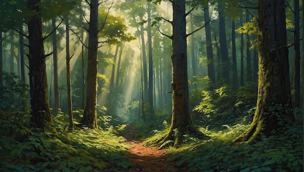 een schilderij van een bos gevuld met veel bomen