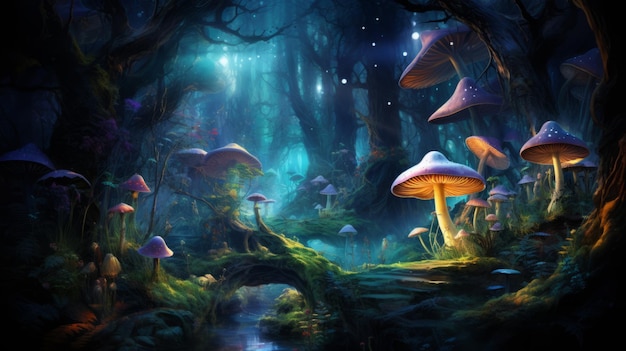 Een schilderij van een bos gevuld met veel paddenstoelen