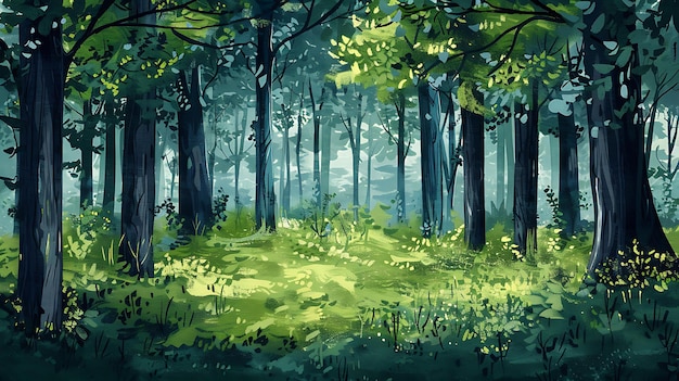een schilderij van een bos met bomen en een bos met een bos achtergrond