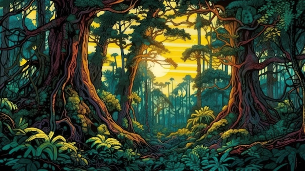 Een schilderij van een bos met de zon die door de bomen schijnt.