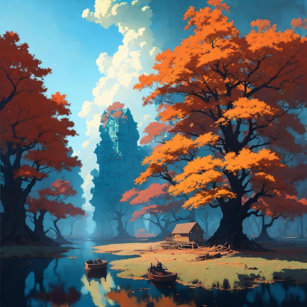 Een schilderij van een bos met een huisje aan het water
