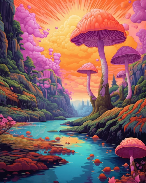 Een schilderij van een bos met een kleurrijke paddenstoel en een rivier op de achtergrond