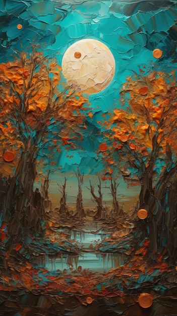 Een schilderij van een bos met een maan op de achtergrond