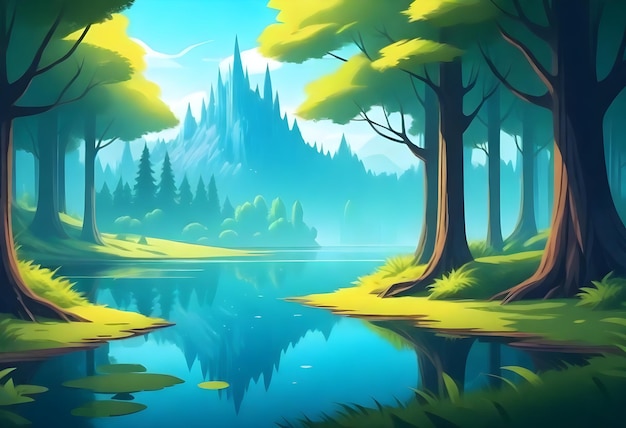 een schilderij van een bos met een meer en bomen