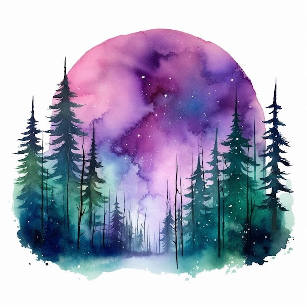 Een schilderij van een bos met een paarse en blauwe hemel generatieve ai