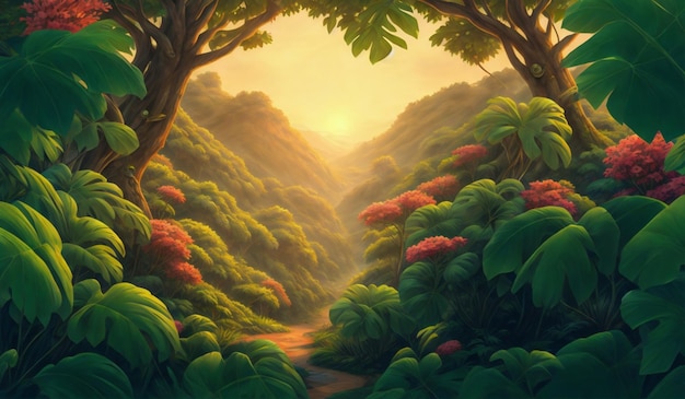 Een schilderij van een bos met een pad dat naar de bergen leidt