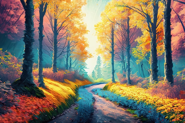 Een schilderij van een bos met een pad dat naar de zon leidt