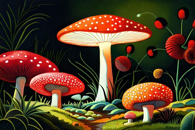 Een schilderij van een bos met een rode paddenstoel