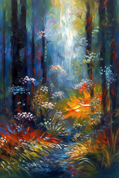 Een schilderij van een bos met een vogel er middenin.