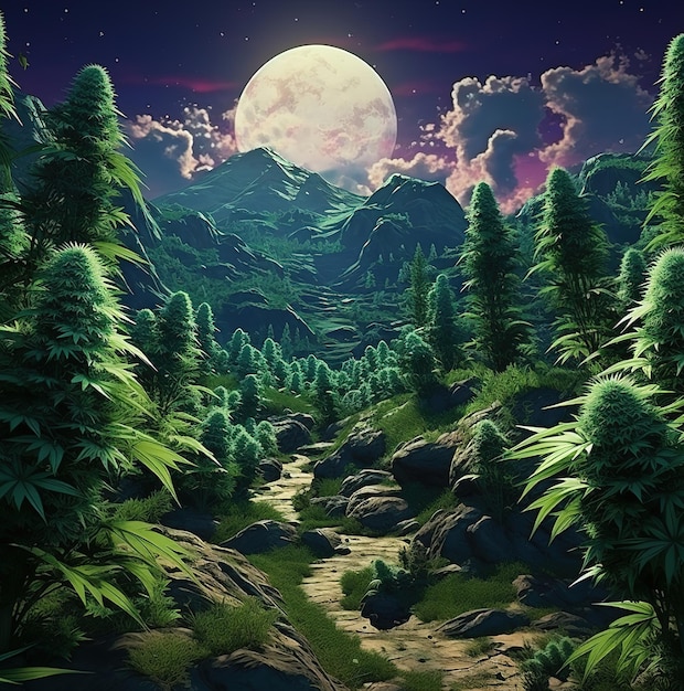 Een schilderij van een bos met een volle maan op de achtergrond.