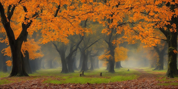 Een schilderij van een bos met oranje bladeren aan de bomen