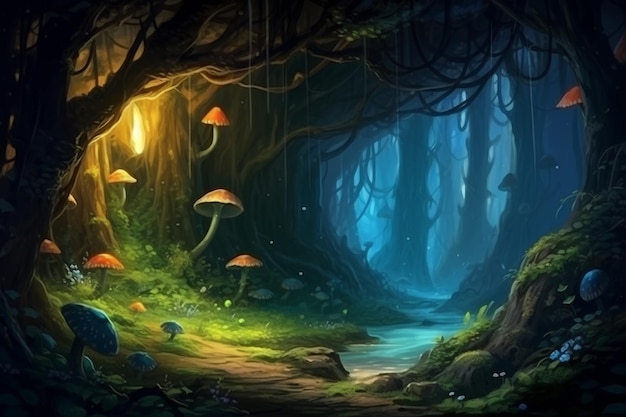 een schilderij van een bos met paddenstoelen en een beekje generatieve ai