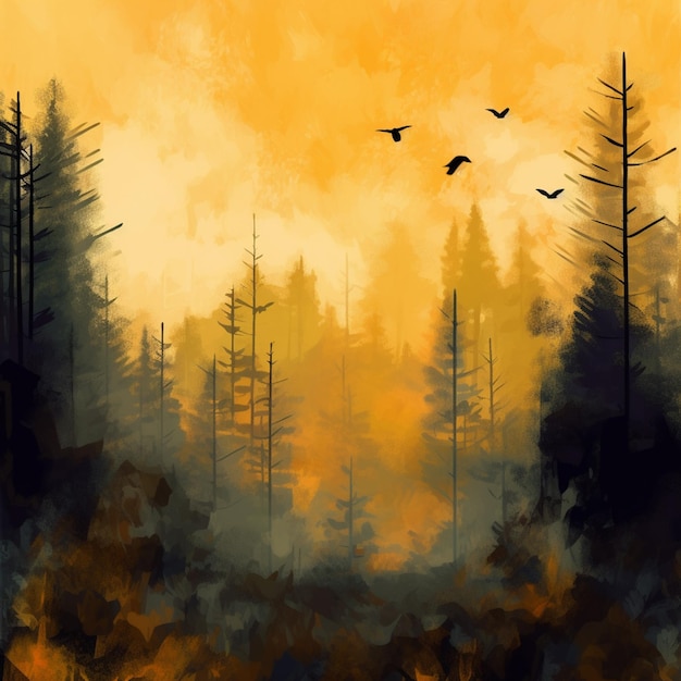 Een schilderij van een bos met vogels die in de lucht vliegen.