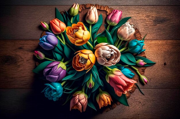 Een schilderij van een bos tulpen op een houten plaat.