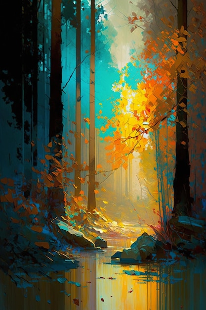 Een schilderij van een bos waar een beek doorheen stroomt.