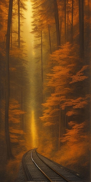 Een schilderij van een bos waar licht doorheen schijnt
