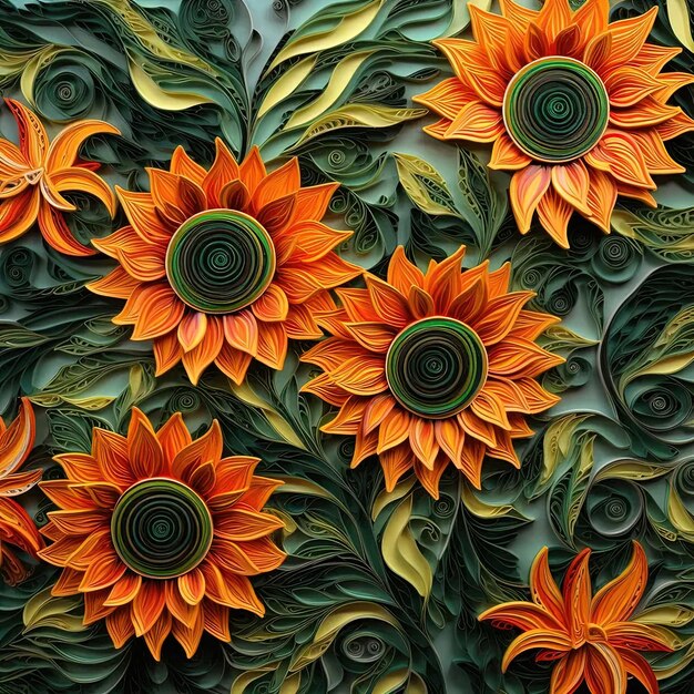 Een schilderij van een bos zonnebloemen op een muur