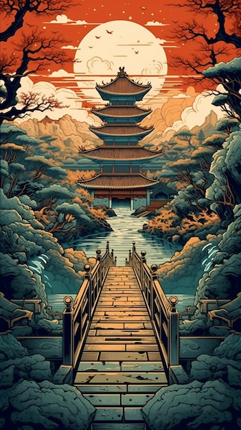 Foto een schilderij van een brug die naar een tempel leidt met een bewolkte lucht op de achtergrond.