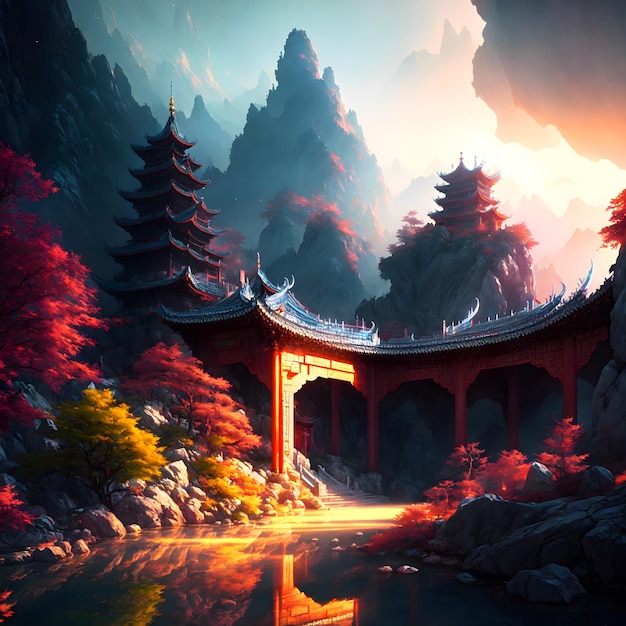 Een schilderij van een brug over een berg met een berg op de achtergrond.