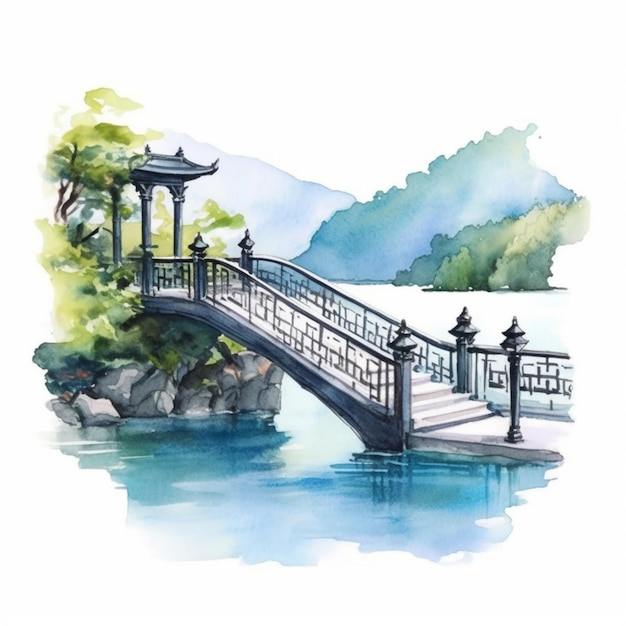 een schilderij van een brug over een watermassa met een pagode op de achtergrond generatieve ai