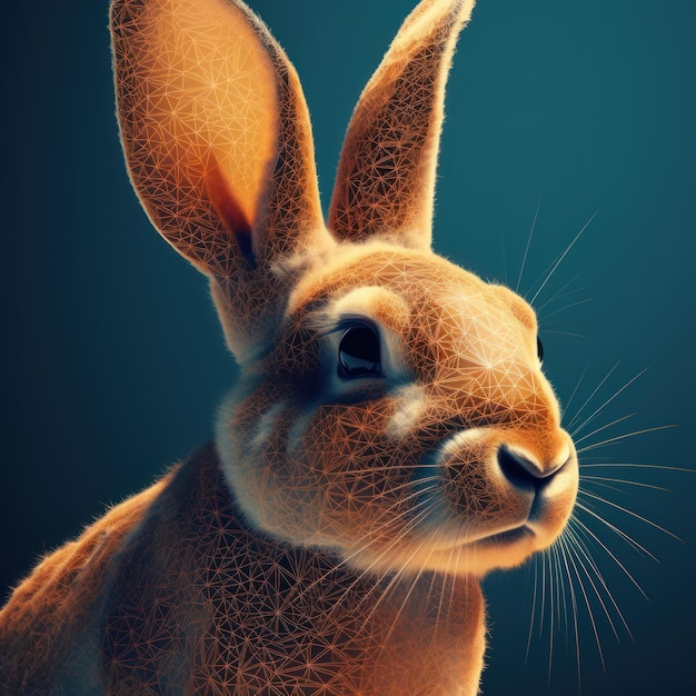 Een schilderij van een bruin konijn met grote oren en een donkerblauwe achtergrond.